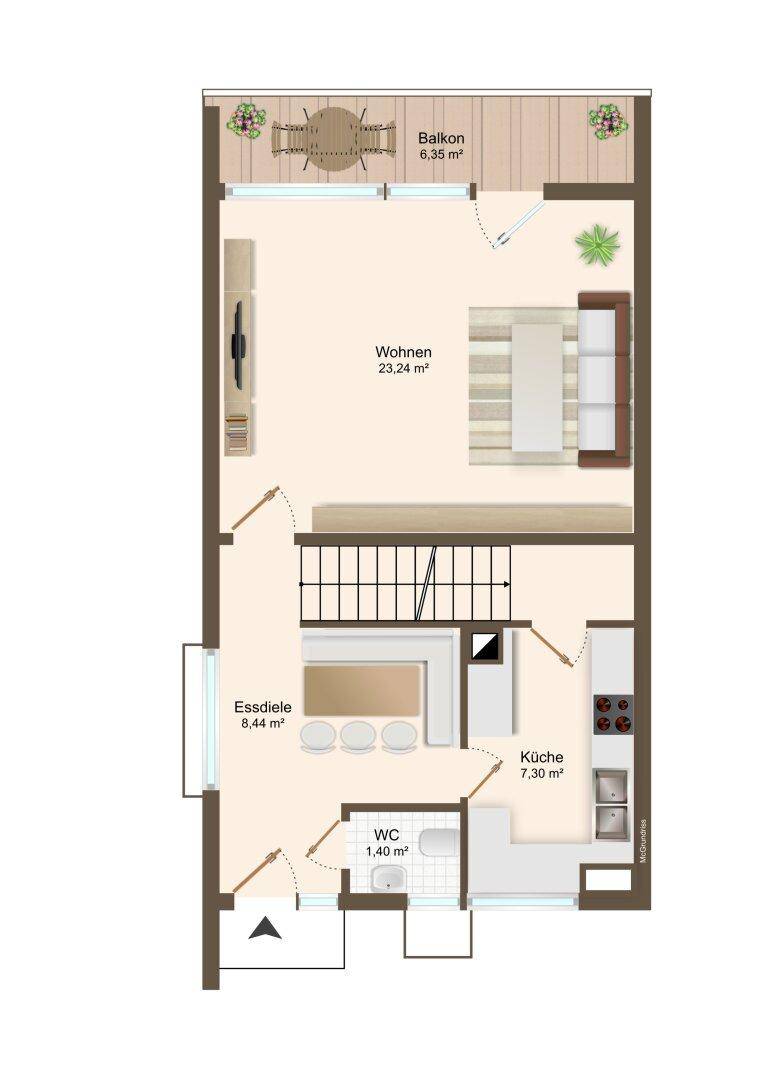 Grundriss des Erdgeschosses mit Wohnzimmer, Essdiele, Küche, WC und Balkon.