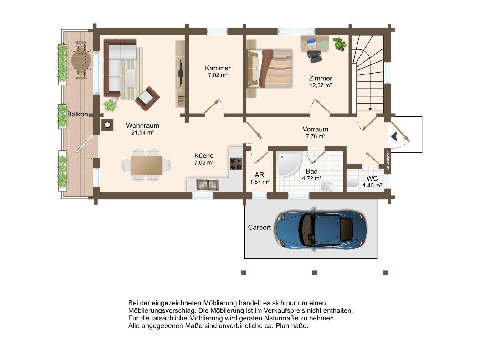 Grundriss des Erdgeschosses mit Wohnraum, Küche, Schlafzimmer und Balkon.