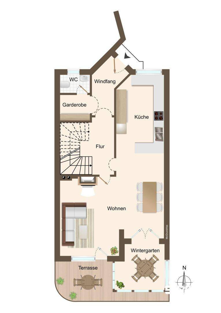 Grundriss des Erdgeschosses mit offener Küche, Wohnbereich, Wintergarten und Terrasse.