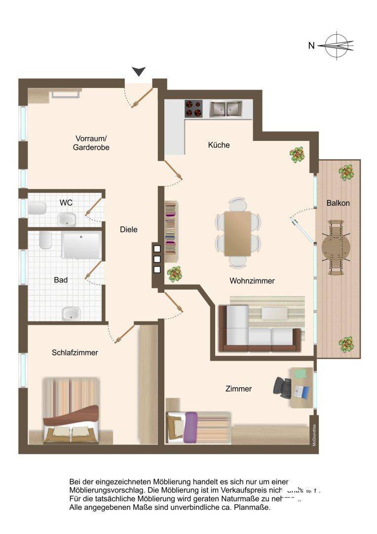 Grundriss einer Wohnung mit zwei Schlafzimmern, Wohnzimmer, Küche, Bad und Balkon.