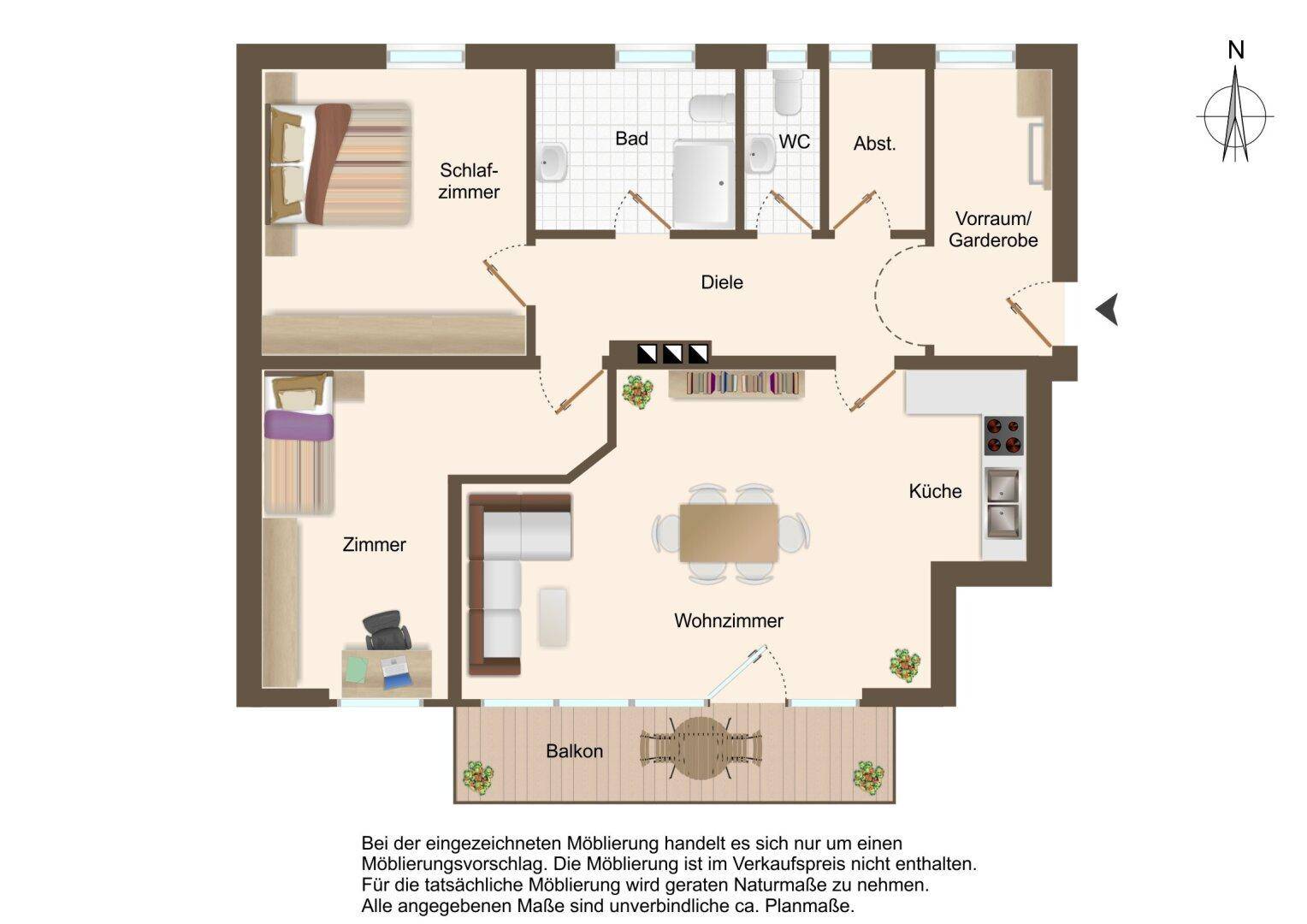 Grundriss einer Wohnung mit zwei Schlafzimmern, Wohnzimmer, Küche, Bad und Balkon.