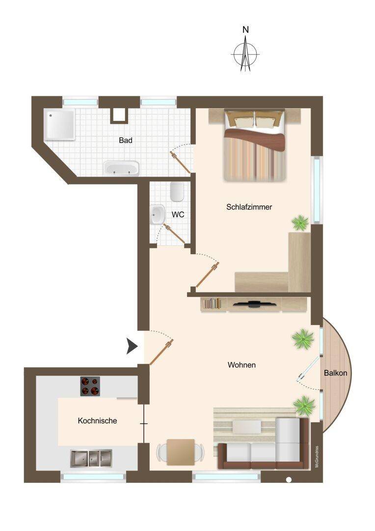 Grundriss einer Wohnung mit einem Schlafzimmer, Wohnbereich, Kochnische, Bad und Balkon.