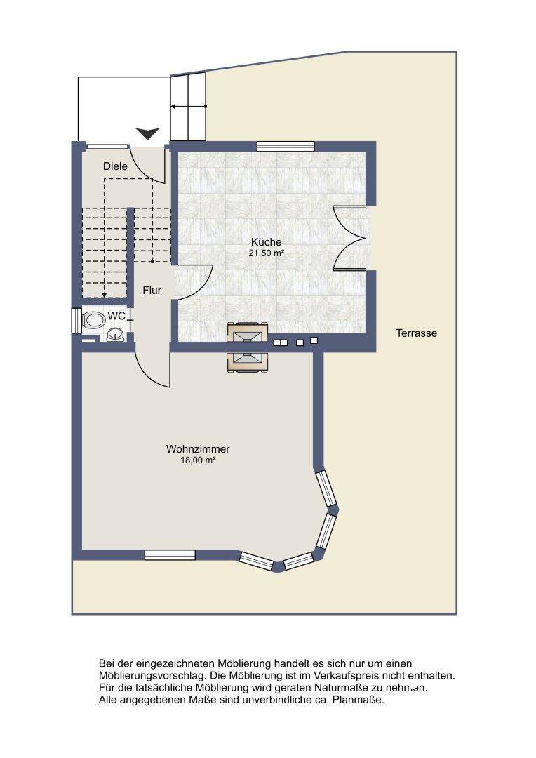 Grundriss einer weiteren Etage mit Küche, Wohnzimmer und Terrasse.