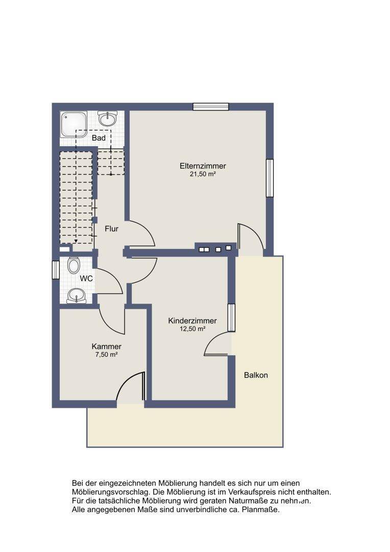 Grundriss einer Wohnung mit Schlafzimmer, Kinderzimmer, Bad, separatem WC und Balkon.