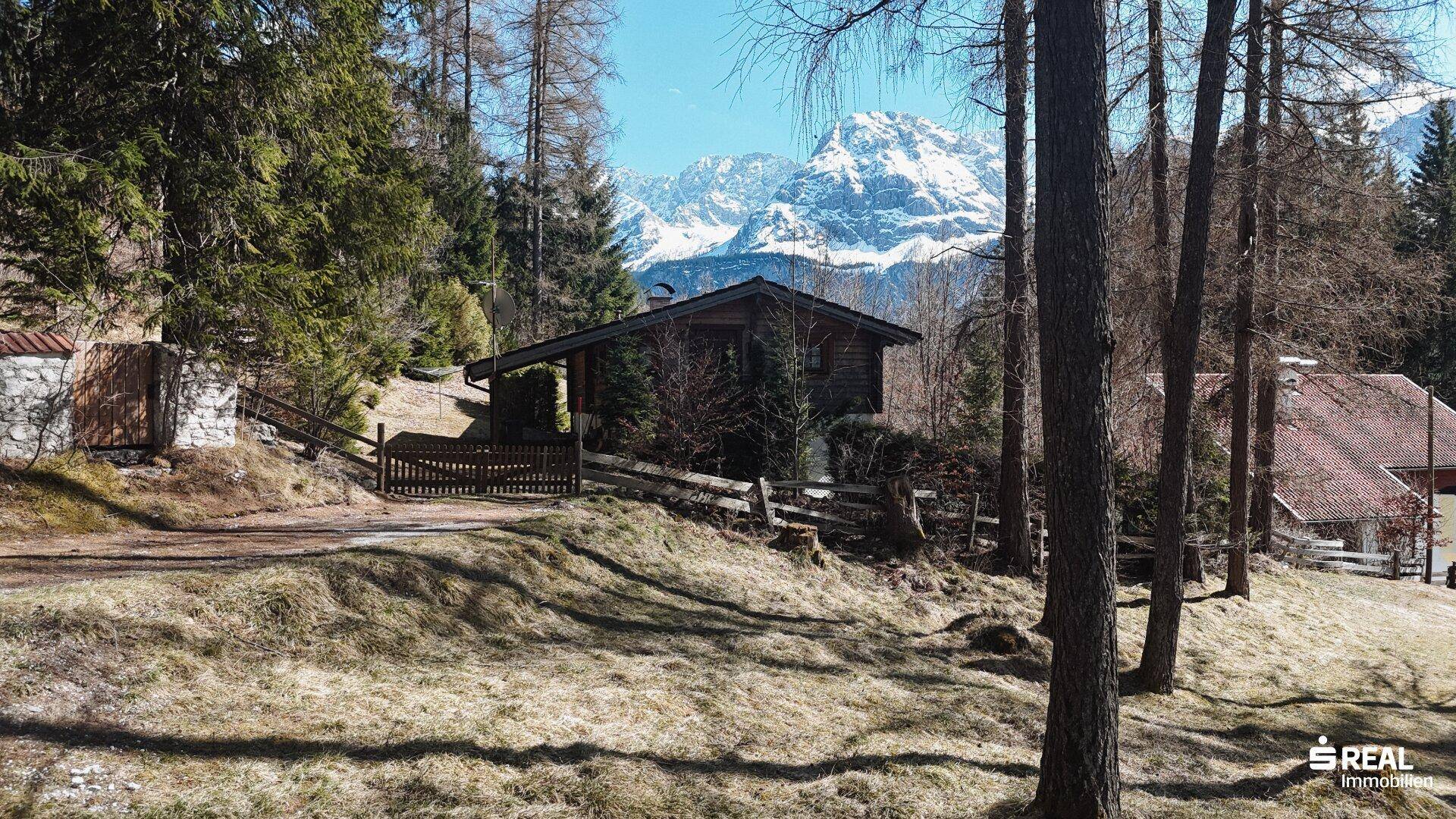 Charmantes Holzhaus eingebettet in eine natürliche Umgebung mit Bäumen und Bergen im Hintergrund.