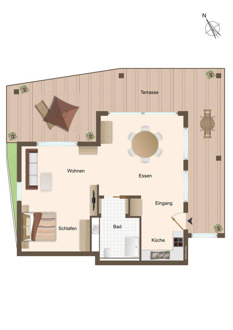 Grundriss einer Wohnung mit Terrasse, Schlafzimmer, Wohn- und Essbereich sowie Bad und Küche.