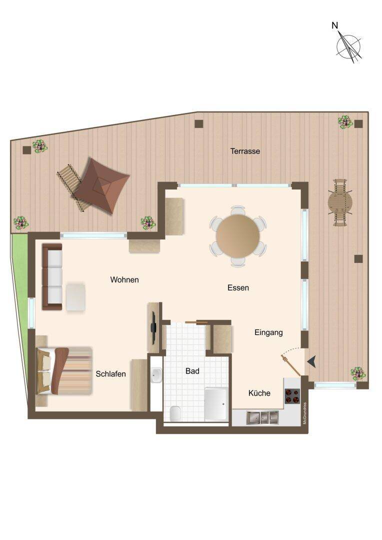 Grundriss einer Wohnung mit Terrasse, Schlafzimmer, Wohn- und Essbereich sowie Bad und Küche.