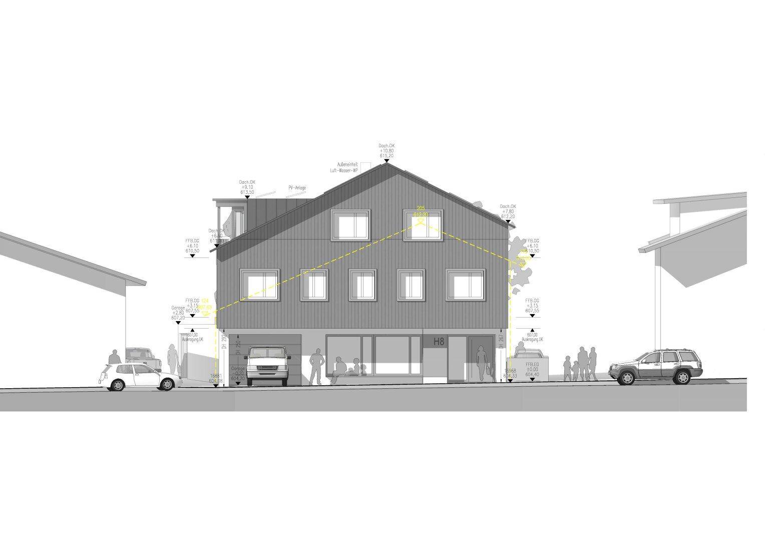 Architektonische Vorderansicht des Gebäudes mit mehreren Fenstern und einem Garagenzugang.