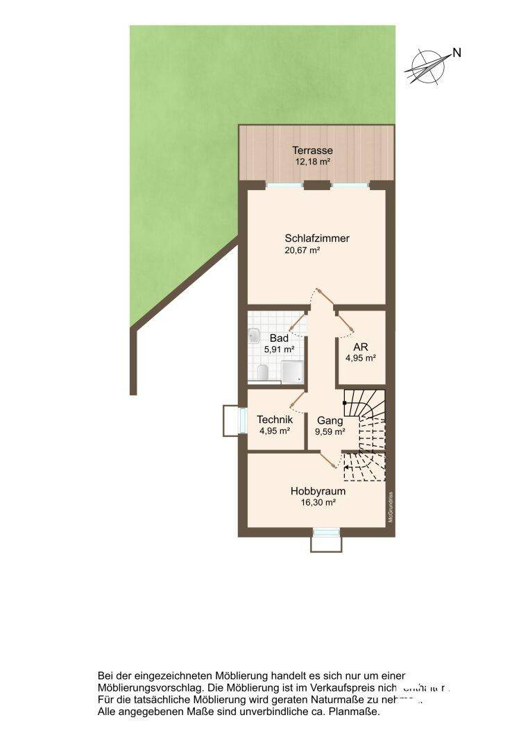 Grundriss des Untergeschosses mit Schlafzimmer, Bad und Hobbyraum.