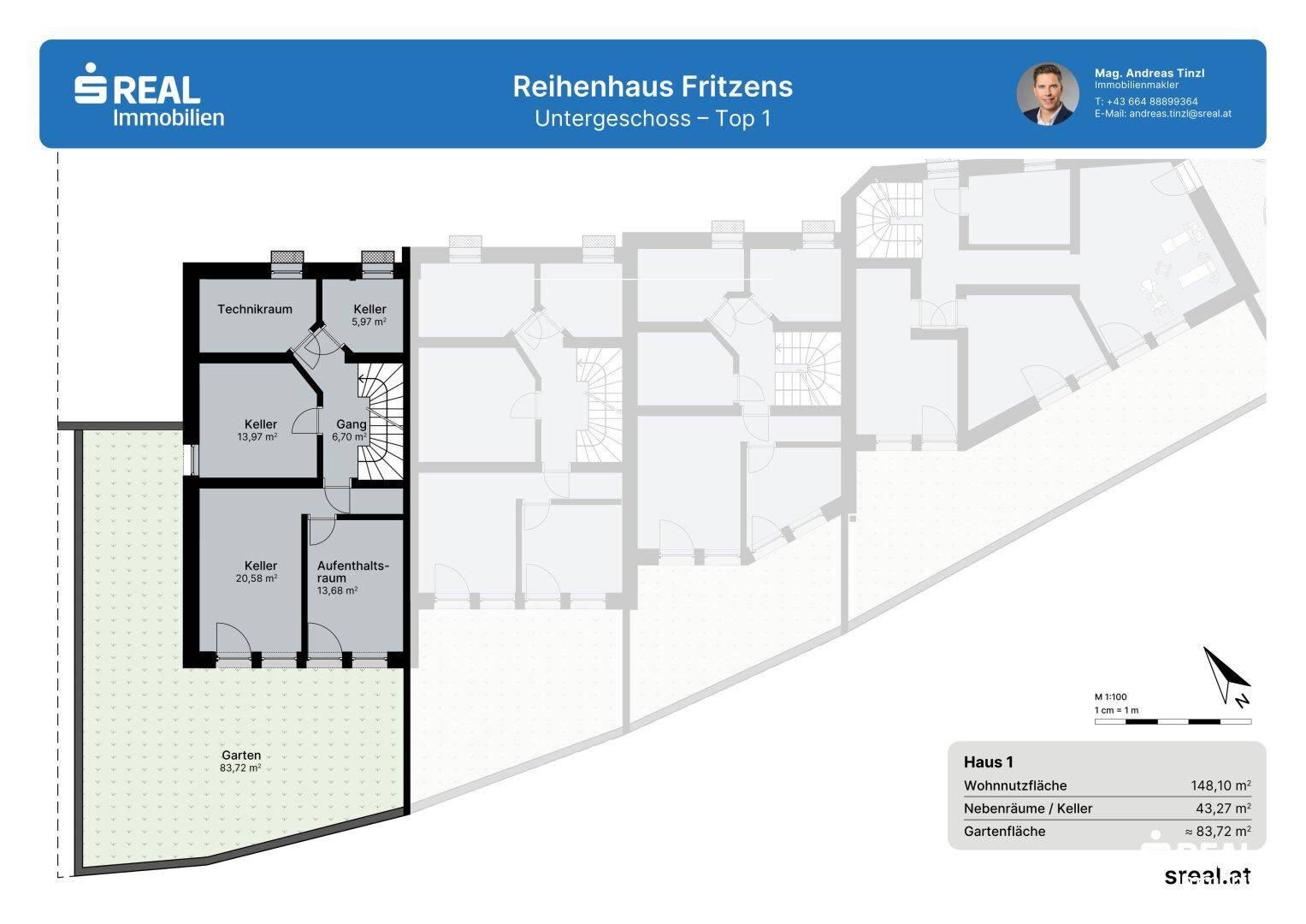 Grundriss des Untergeschosses von Haus 1 mit Keller, Technikraum und Gartenbereich.