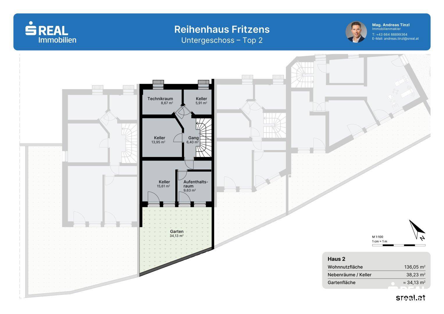 Grundriss des Untergeschosses von Haus 2 mit Keller, Technikraum und Gartenbereich.