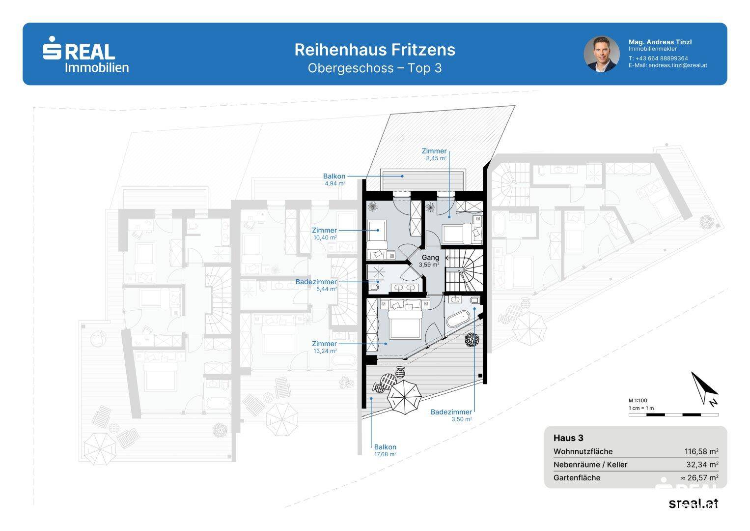 Grundriss des Obergeschosses von Reihenhaus Top 3 mit drei Zimmern, zwei Bädern und zwei Balkonen.