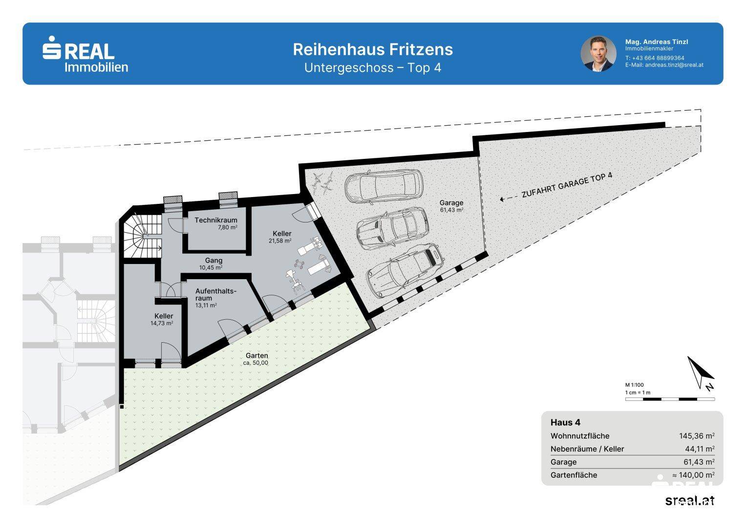 Grundriss des Untergeschosses von Reihenhaus Top 4 mit Kellerräumen, Technikraum, Garten und Garage.