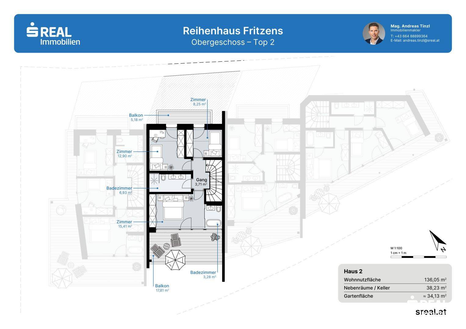 Grundriss des Obergeschosses von Reihenhaus Top 2 mit drei Zimmern, zwei Bädern und zwei Balkonen.