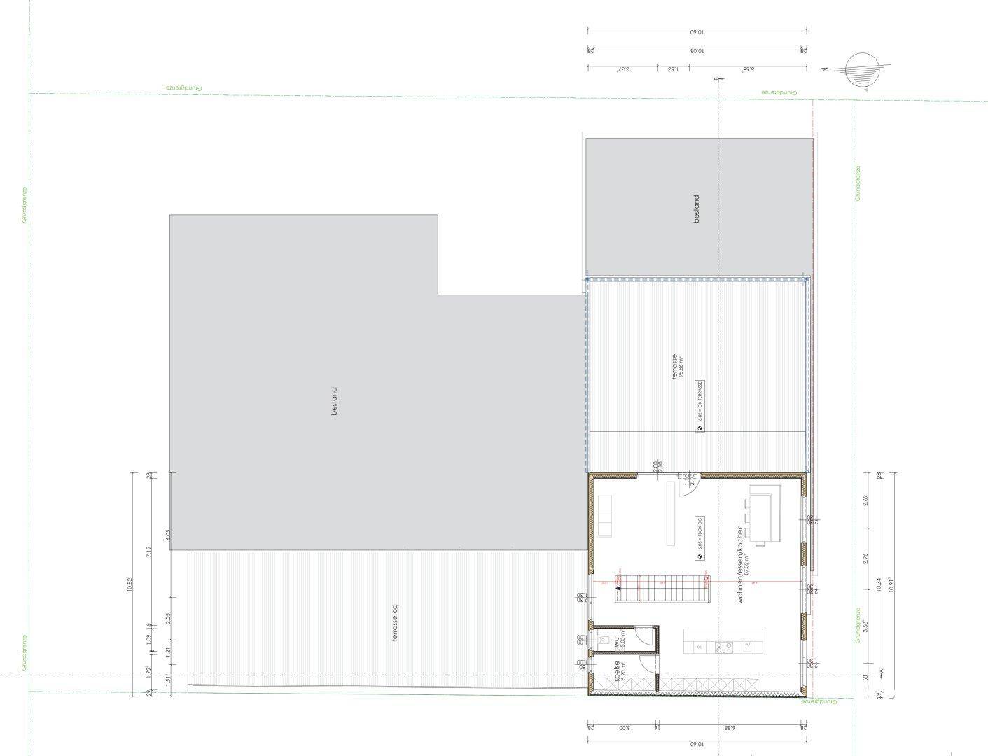 Grundriss des Dachgeschosses mit Wohnbereich, Küche und Zugang zu einer Terrasse.