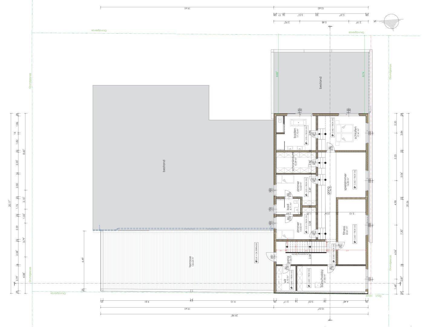 Grundriss des Obergeschosses mit mehreren Zimmern, Bädern und einem Flur.