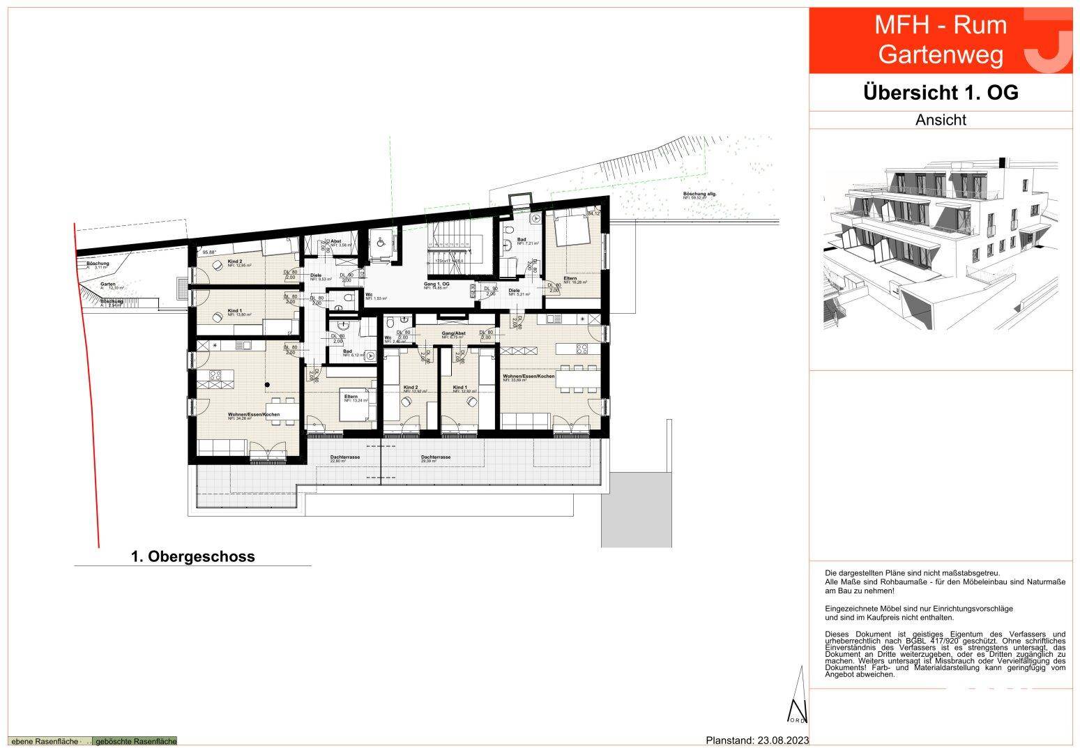 Übersichts-Grundriss des ersten Obergeschosses der Wohnanlage mit mehreren Wohneinheiten.