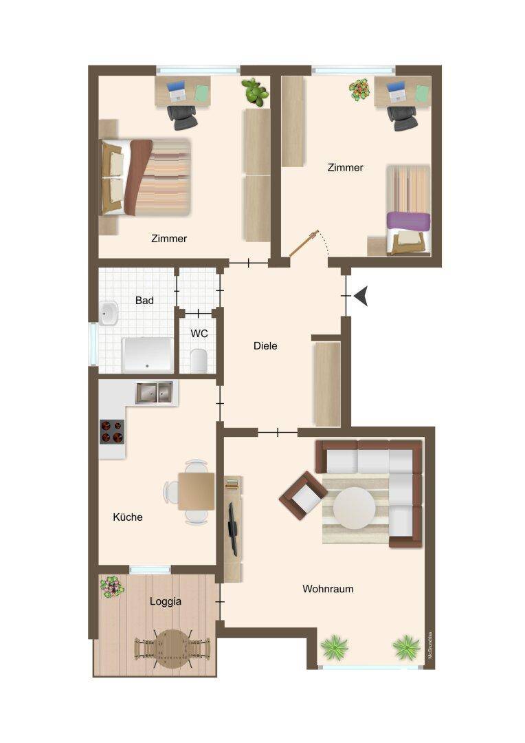 Detaillierter Grundriss der Wohnung mit drei Zimmern, Küche, Bad, separatem WC und einer Loggia.