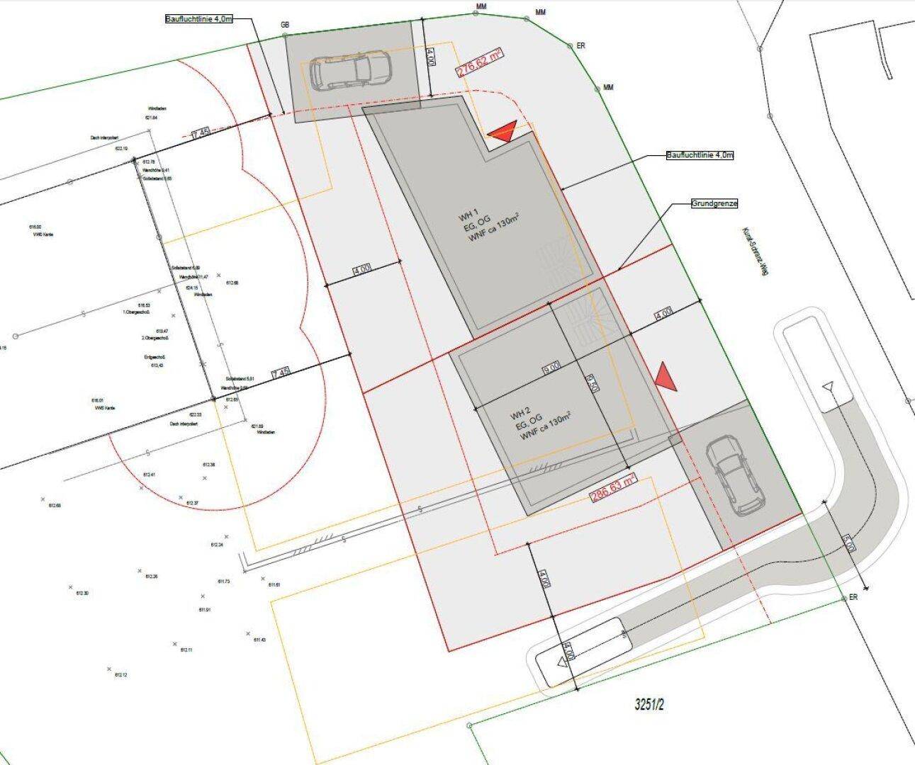 Übersichtsplan für zwei geplante Wohneinheiten mit zugehörigen Stellplätzen und Zufahrtsbereich auf dem Grundstück.