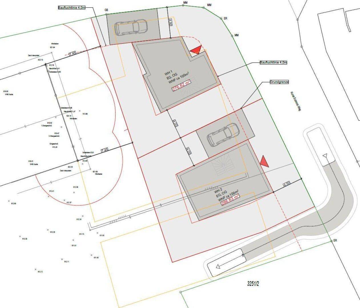 Lageplan für zwei Wohneinheiten mit Parkplätzen und Zufahrt, zeigt die Aufteilung des Baugrundstücks.