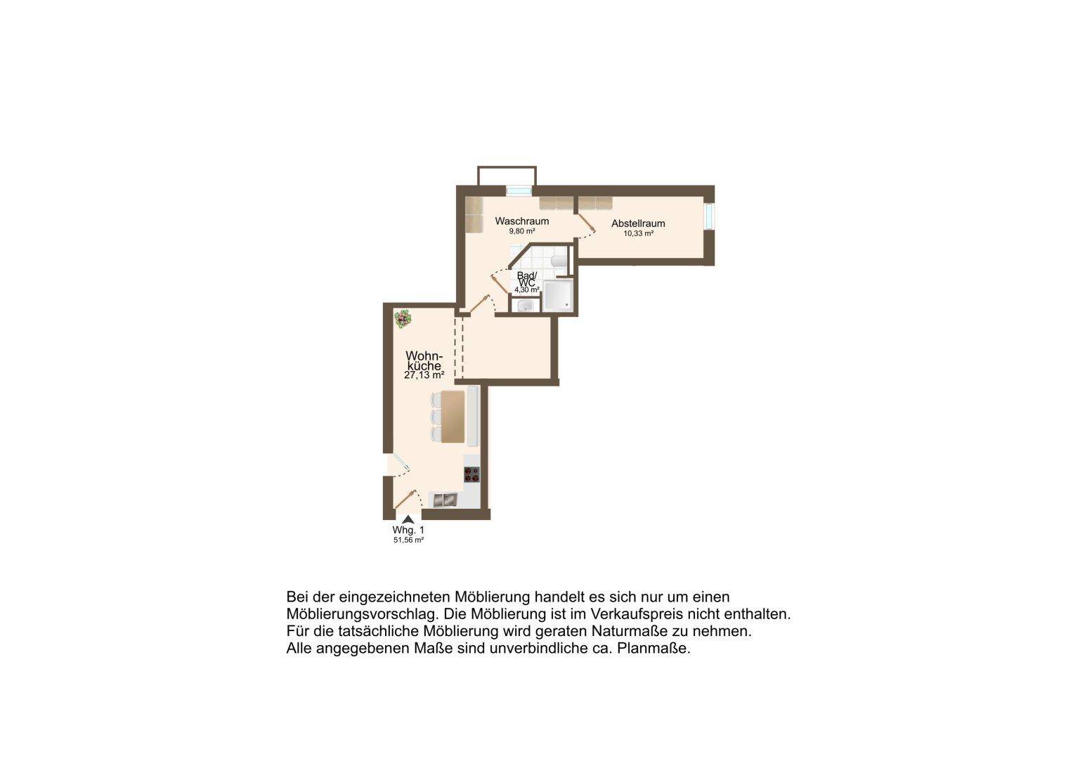 Grundriss der Wohnung 1 mit Wohnküche, Bad, Waschraum und Abstellraum.