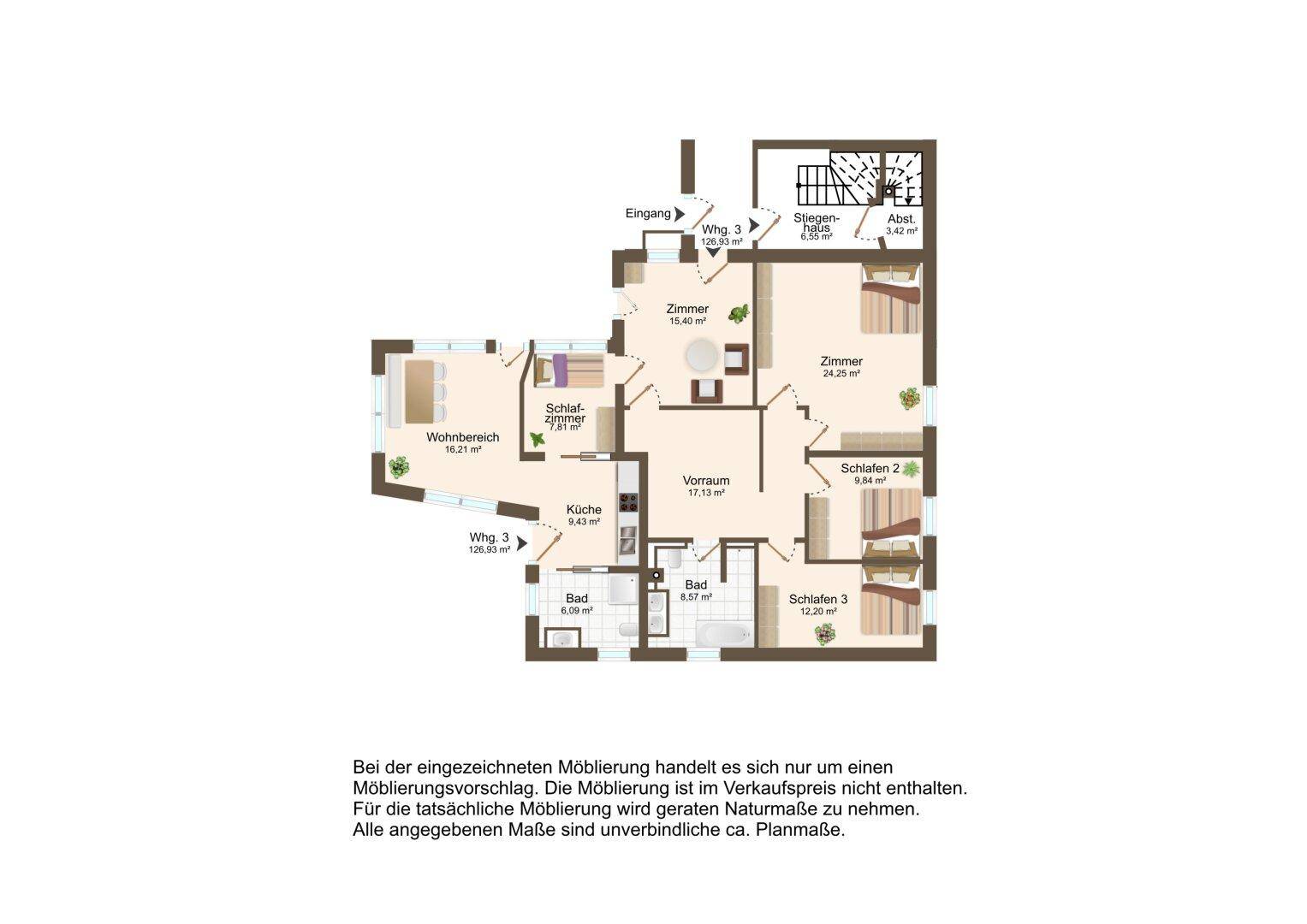 Grundriss der Wohnung 3 mit Wohnbereich, Küche, drei Schlafzimmern und zwei Bädern.