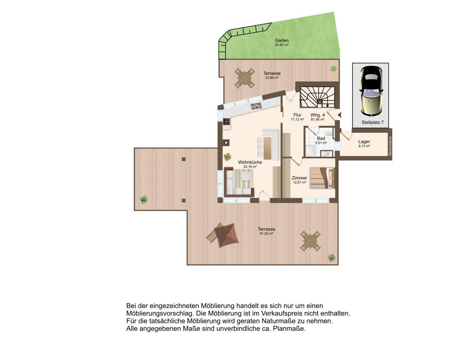 Grundriss der Wohnung 4 mit Wohnküche, Zimmer, Bad, Terrasse und Garten.