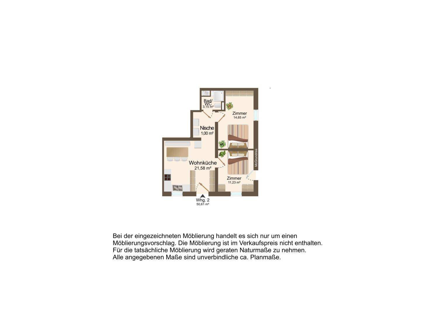 Grundriss einer Wohnung mit Wohnküche, Bad und zwei Zimmern.