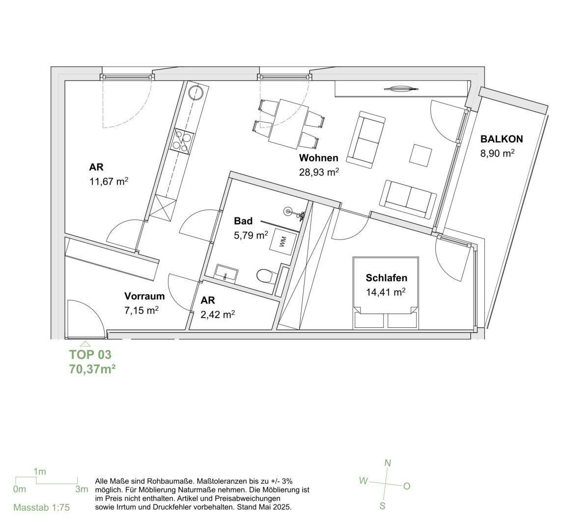 Grundriss einer Wohnung mit offenem Wohnbereich, Schlafzimmer, Bad und Balkon.