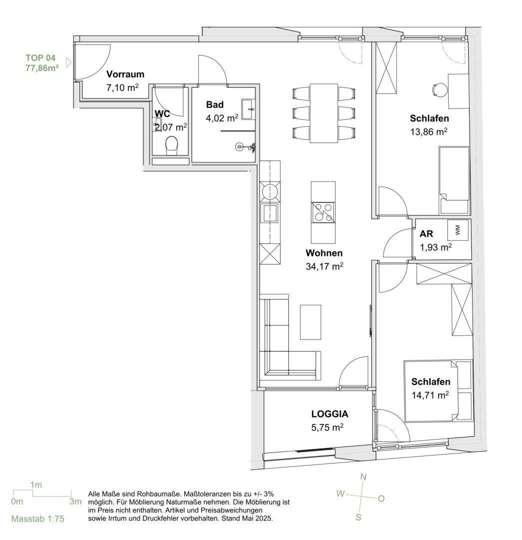 Grundriss einer Wohnung mit offener Wohnküche, zwei Schlafzimmern, Bad, separatem WC und Loggia.