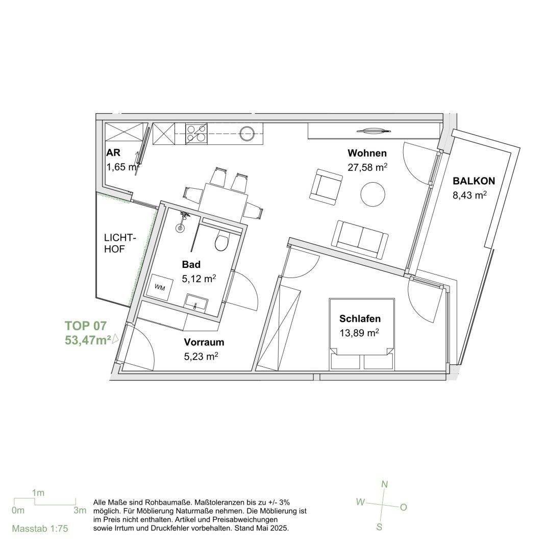 Grundriss der Wohnung TOP 07 zeigt Wohn-, Schlafzimmer, Bad, Abstellraum und einen Balkon.
