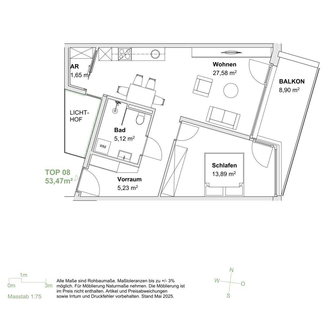 Grundriss einer Wohnung mit offenem Wohnbereich, Schlafzimmer und Balkon.