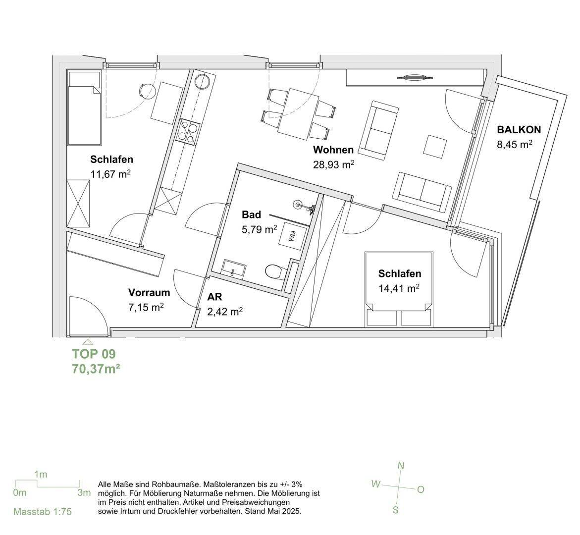 Grundriss der Wohnung TOP 09 mit zwei Schlafzimmern, offenem Wohnbereich und Balkon.