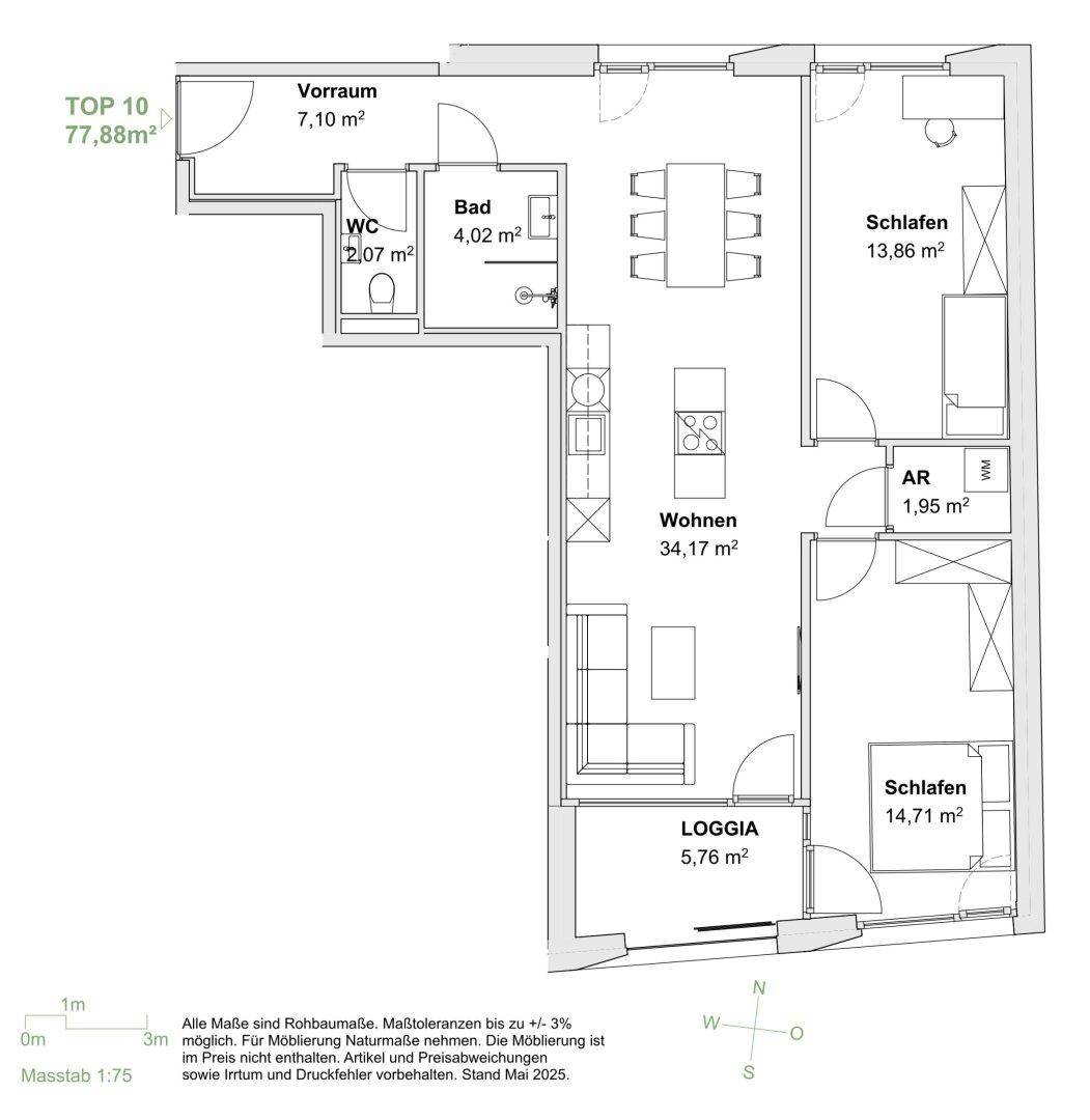 Grundriss einer Wohnung mit zwei Schlafzimmern, offener Wohnküche, Bad, separatem WC und Loggia.