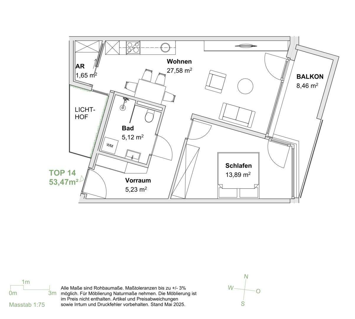 Grundriss einer Wohnung mit offenem Wohnbereich, Schlafzimmer, Bad und Balkon.