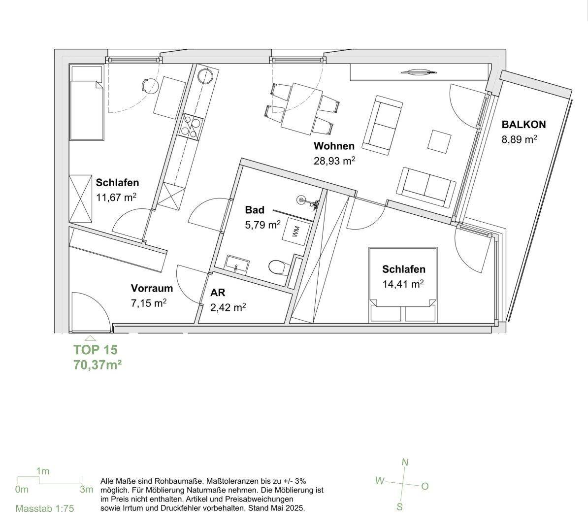 Grundriss einer Wohnung mit zwei Schlafzimmern, offenem Wohnbereich und Balkon.