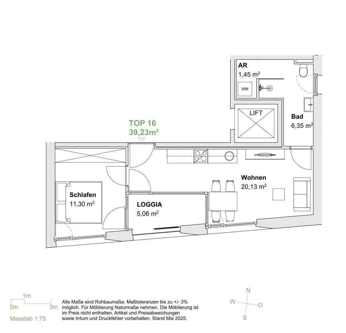 Grundriss der Wohnung TOP 16 mit Schlafzimmer, Wohnbereich, Loggia und Bad.