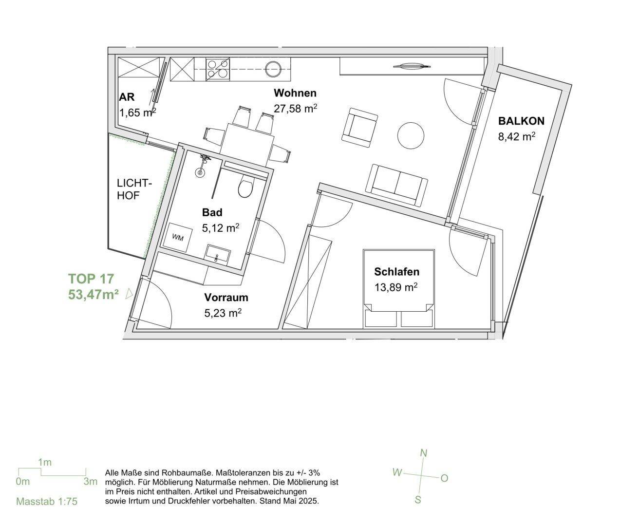 Grundriss einer Wohnung mit offenem Wohnbereich, Schlafzimmer und Balkon.