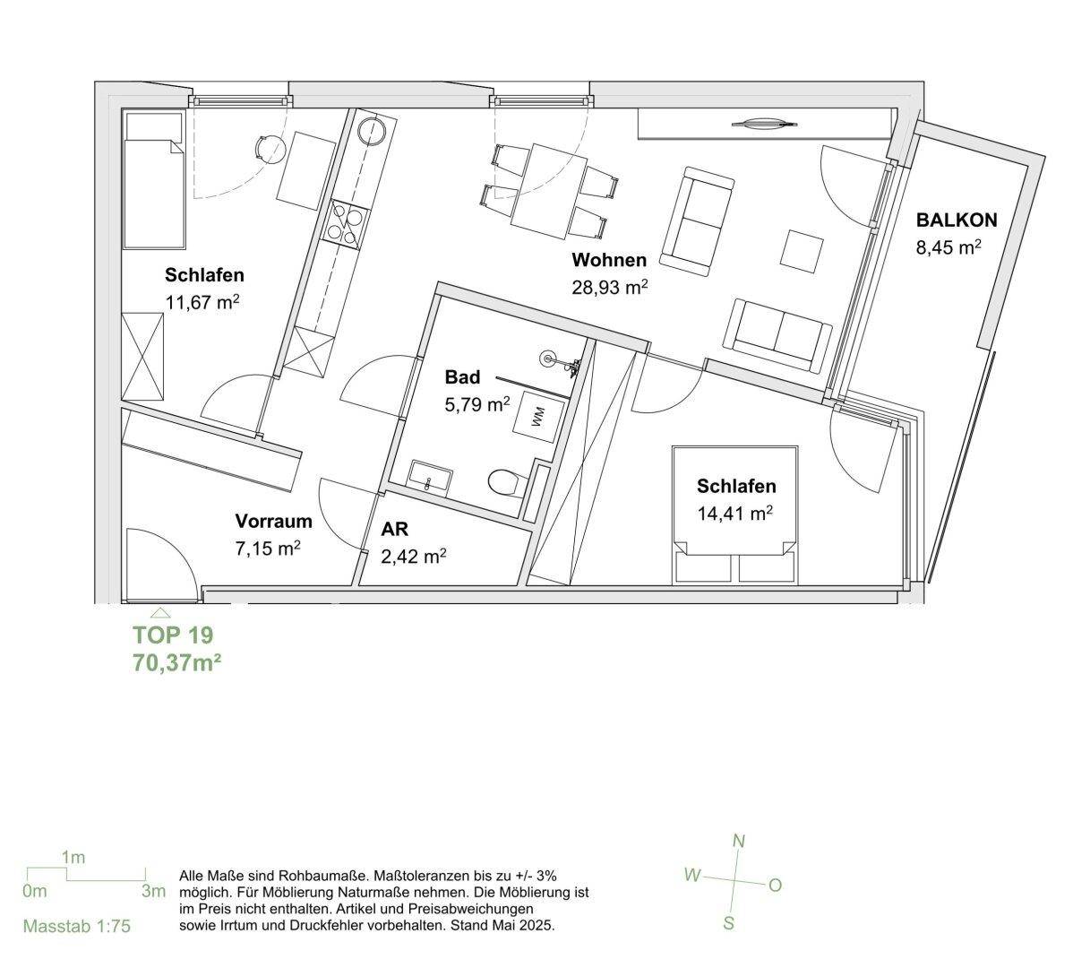 Grundriss einer Wohnung mit zwei Schlafzimmern, offenem Wohnbereich und Balkon.