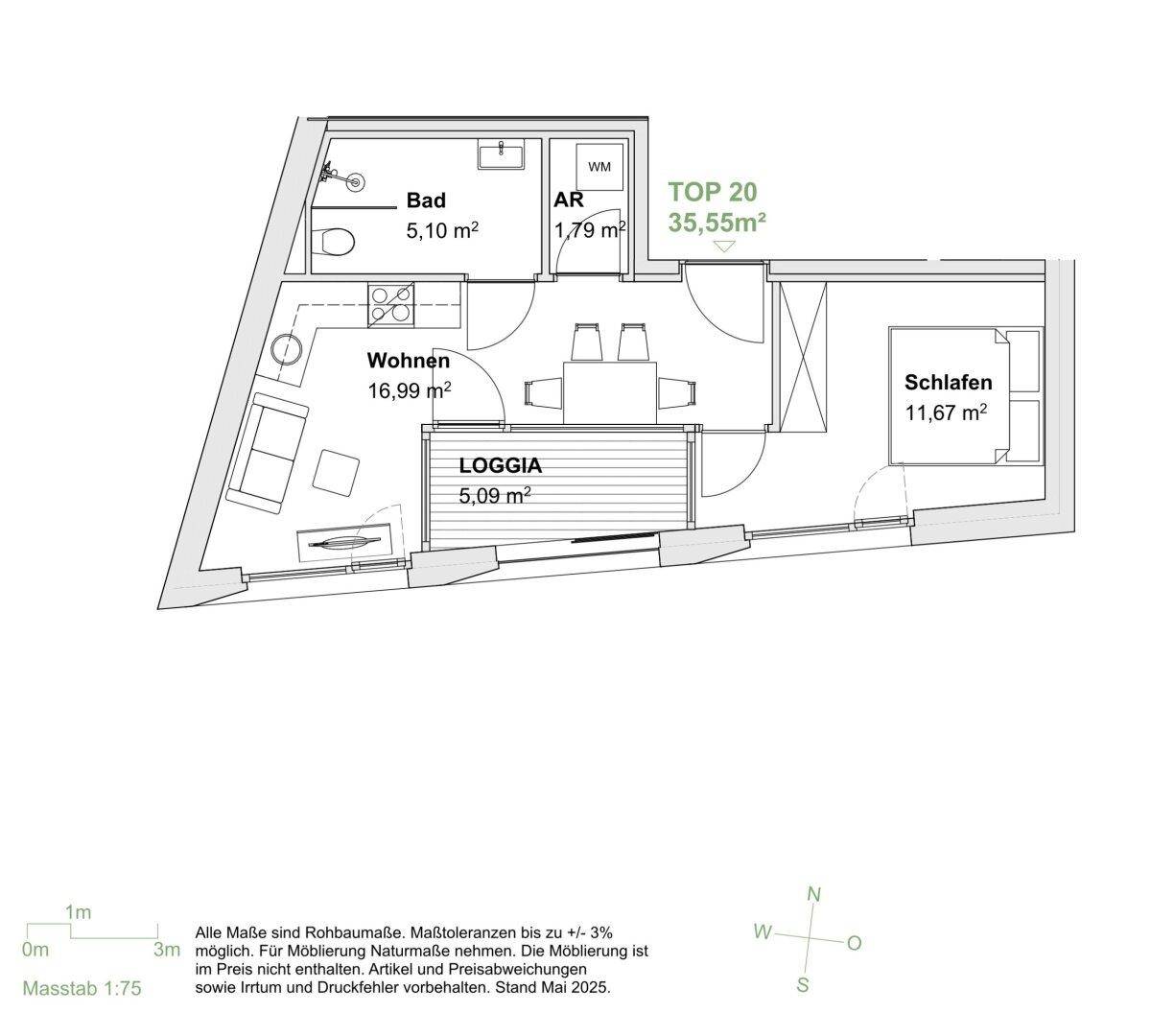 Grundriss einer Wohnung mit Loggia, Bad, Wohn- und Schlafbereich.