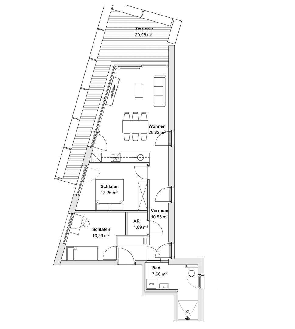 Grundriss einer Wohnung mit offener Wohnküche, zwei Schlafzimmern und großer Terrasse.