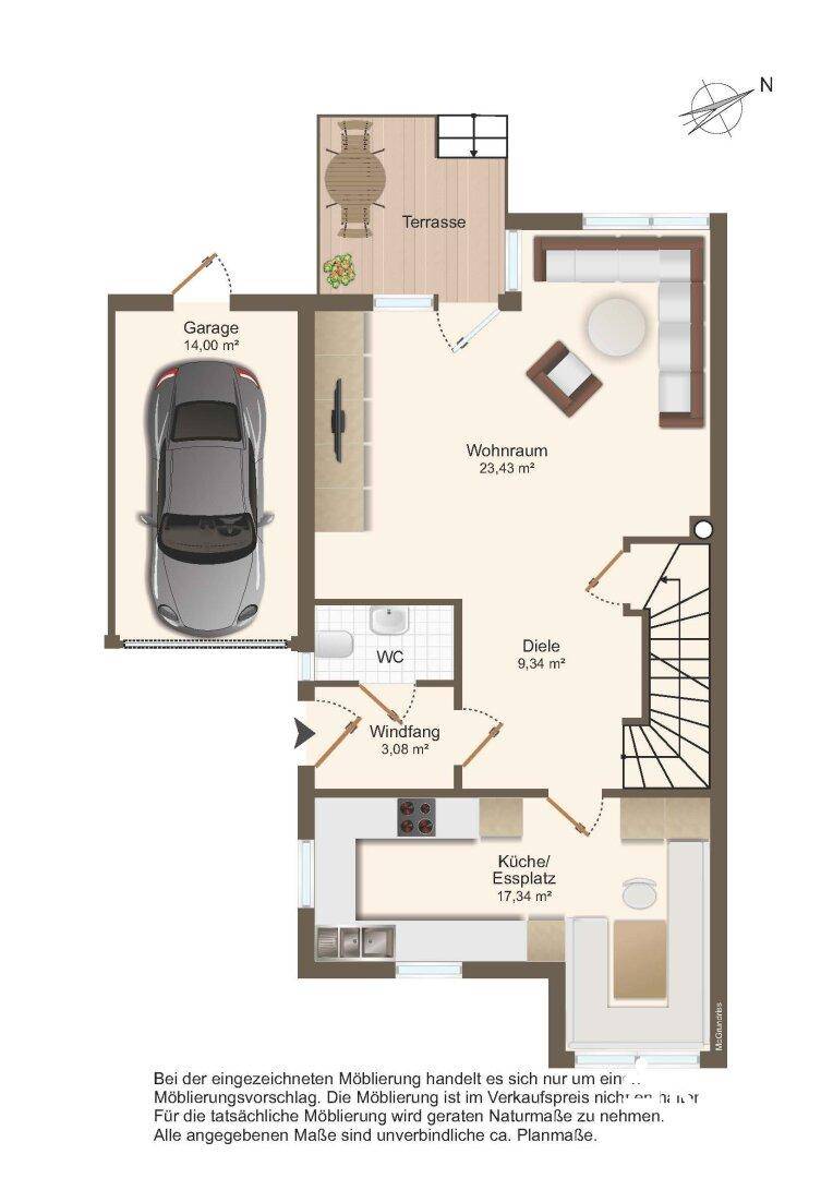 Grundriss des Erdgeschosses mit Wohnraum, Küche, Essplatz, WC, Diele und Garage.