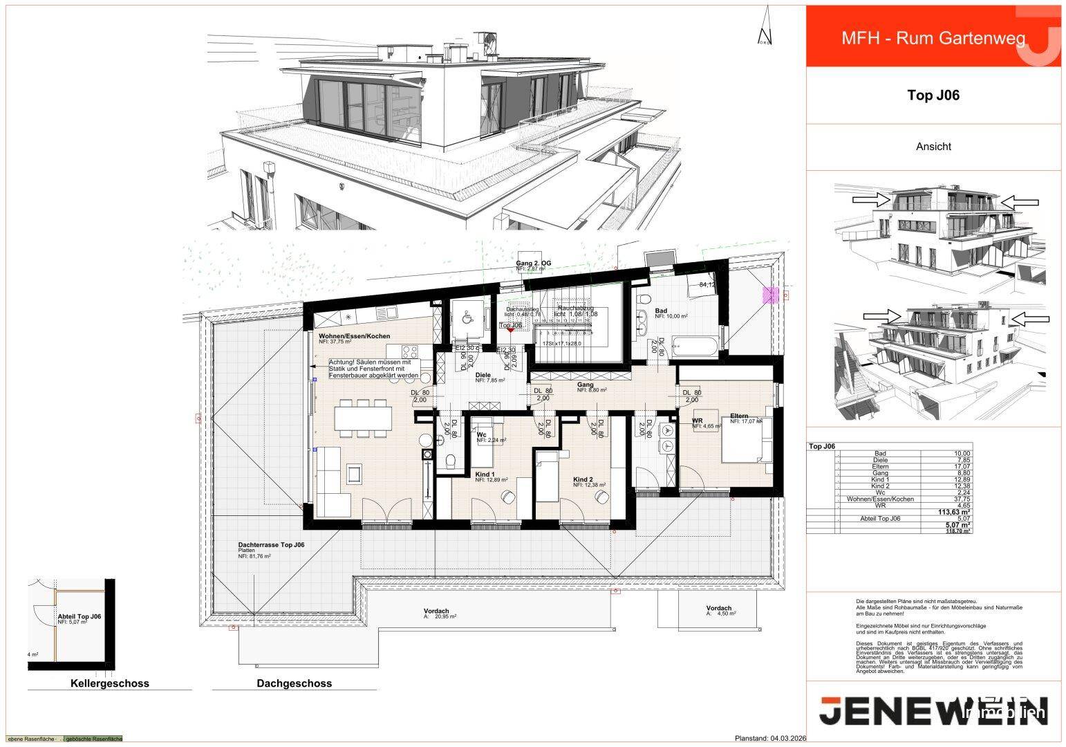 Detaillierter Grundriss einer Wohnung mit Dachterrasse und Ansichten des Gebäudes.