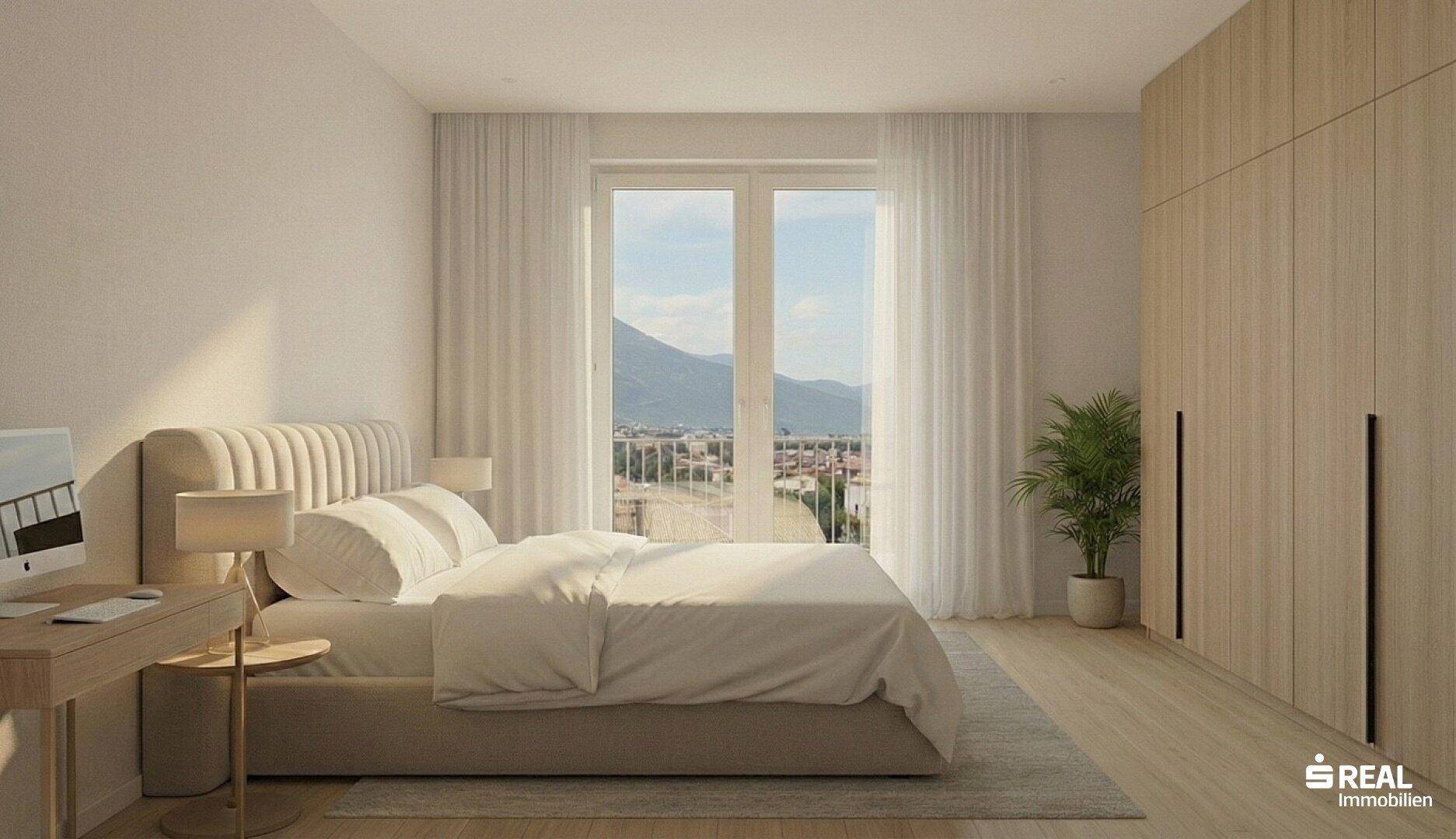 Ruhiges Schlafzimmer mit hellem Holzboden, Einbauschrank und Balkonzugang mit Bergblick.