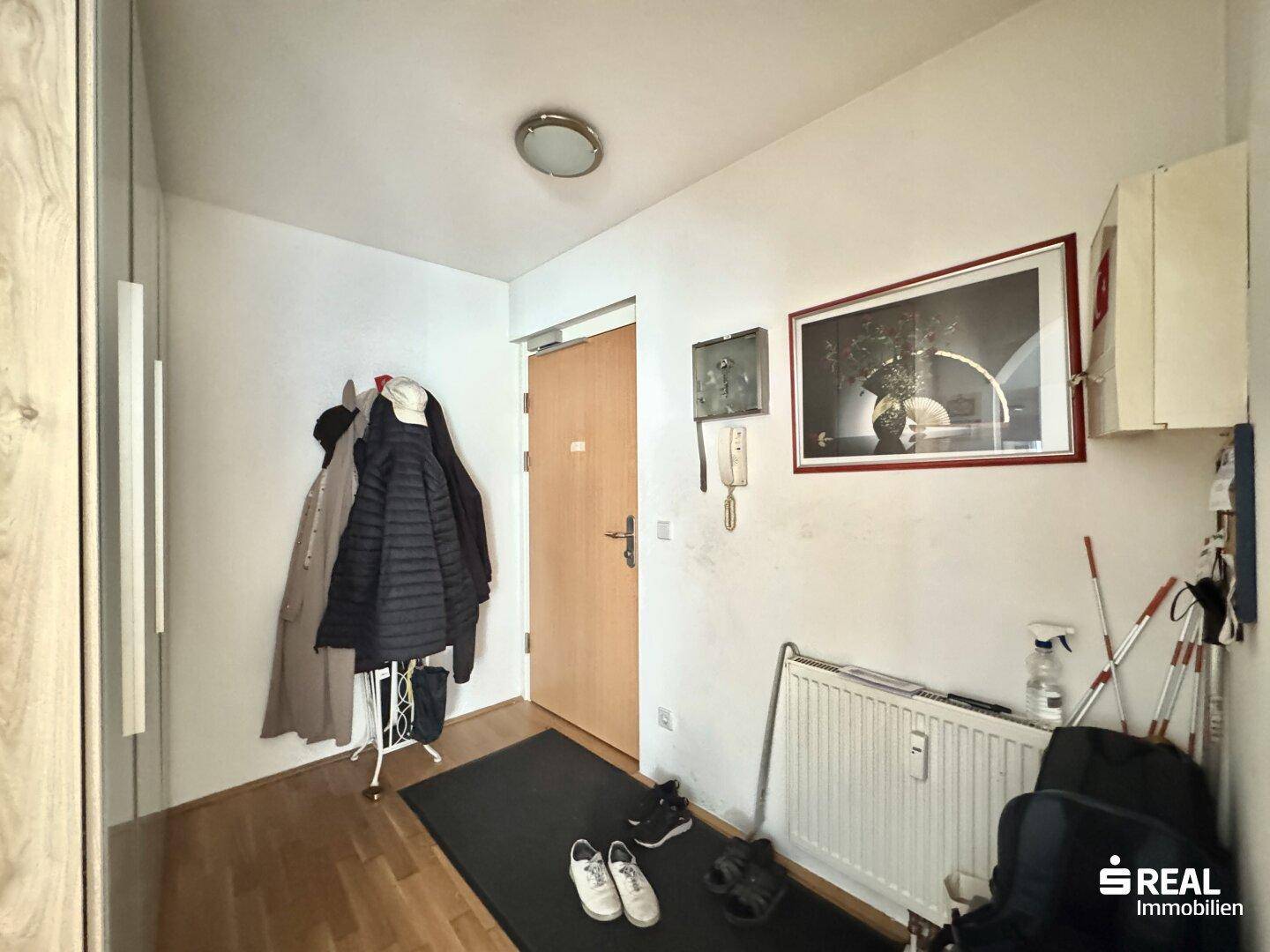 Eingangsbereich mit Garderobe, Holztür und Heizkörper.