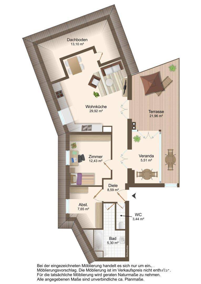 Detaillierter Grundriss der Wohnung mit Wohnküche, Zimmern, Bad und großer Terrasse.