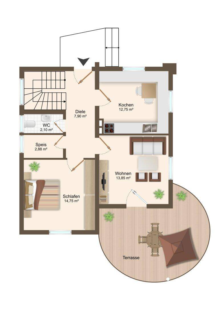 Grundriss des Erdgeschosses mit Küche, Wohnzimmer, Schlafzimmer, WC und Terrasse.