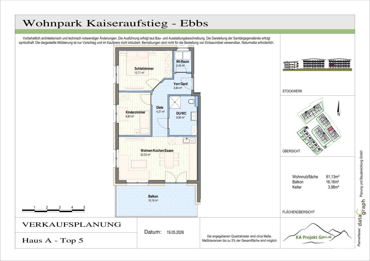 Detaillierter Grundriss von Haus A, Top 5, mit Wohnküche, Schlafzimmer, Kinderzimmer und Balkon.