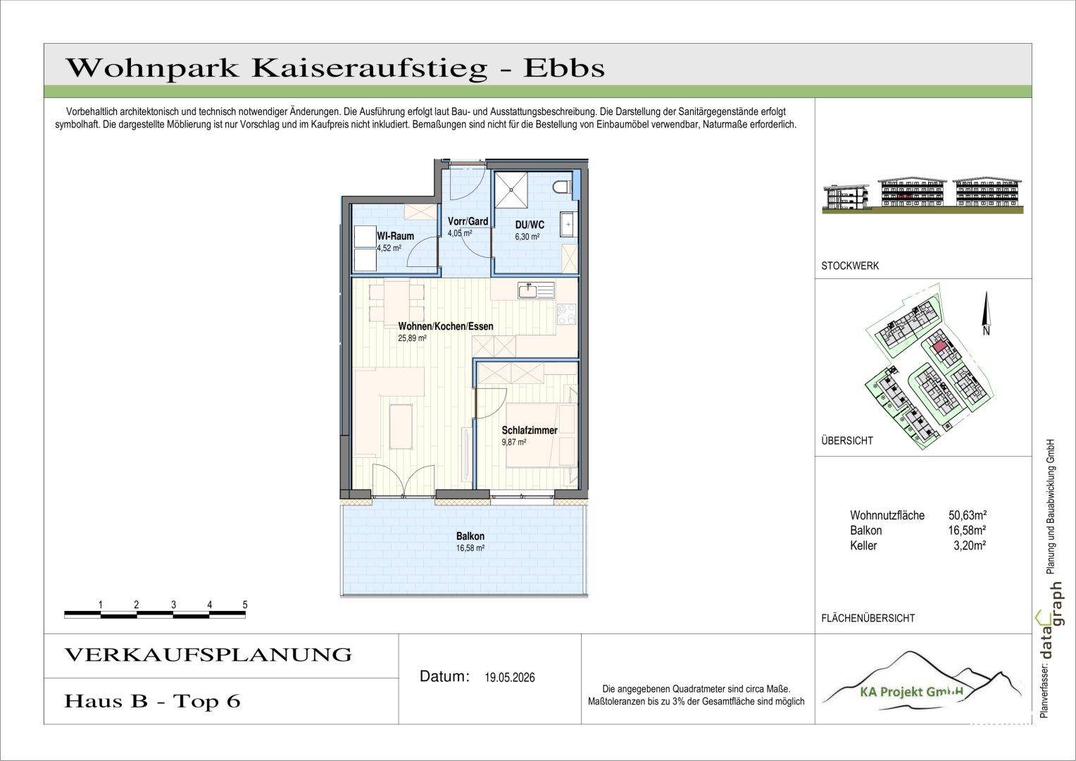 Grundriss einer Wohnung mit Wohn-Koch-Essbereich, Schlafzimmer und Balkon.