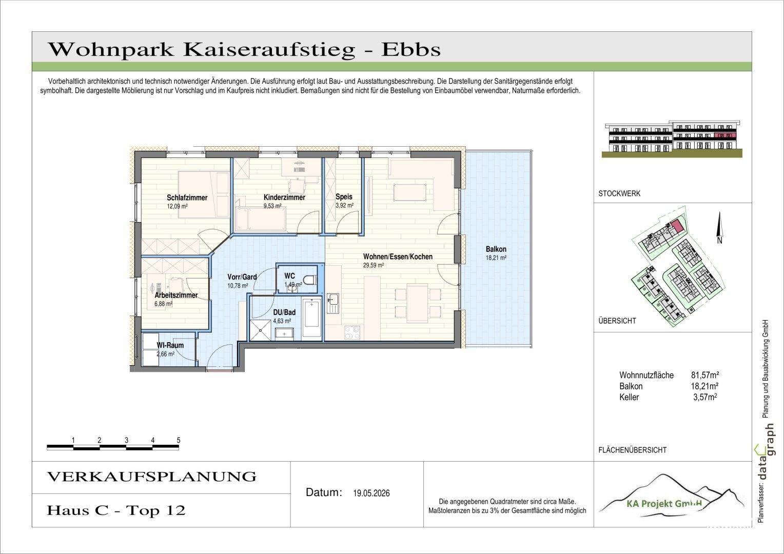 Detaillierter Grundriss der Wohnung mit Raumaufteilung und Balkon.